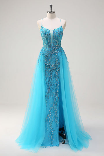 Sparkly Blue Spaghetti Straps paillettes lungo Abito da cerimonia con mantello laterale
